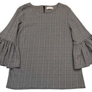 Calvin Klein Black White Plaid Preppy Academia Old Money Bell Sleeve Top Size M
